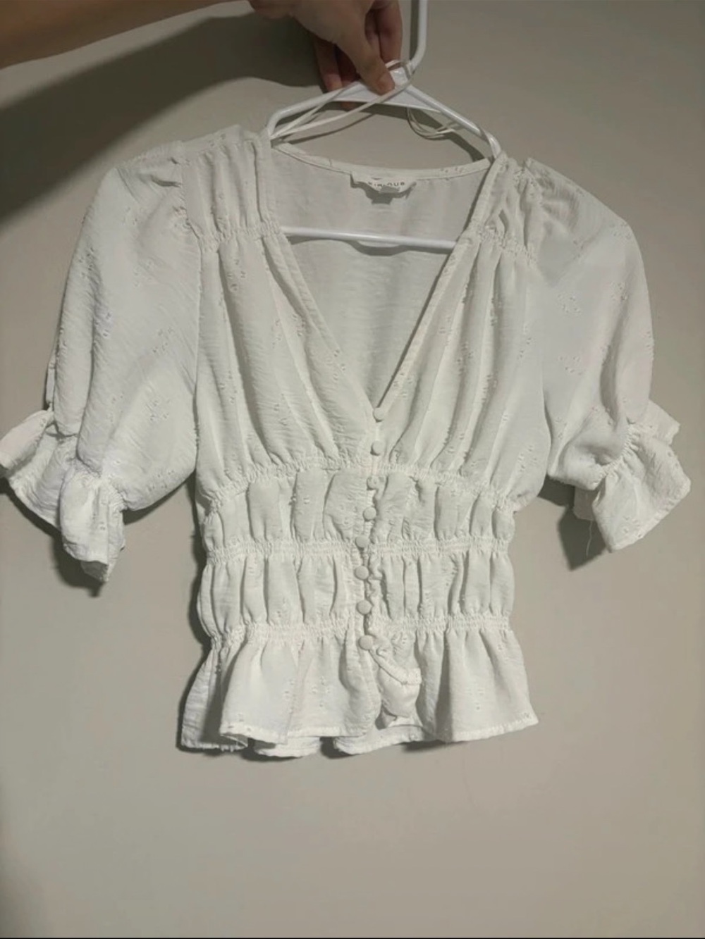 iris White Smocked V-Neck Puff Sleeve Blouse